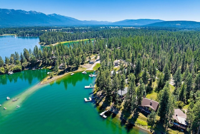 aerial view with a forest view and a water and mountain view