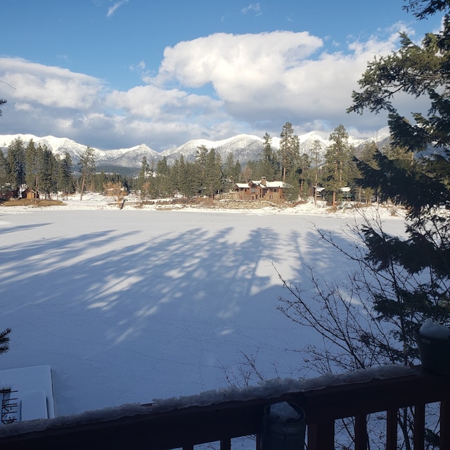 yard covered in snow with a mountain view