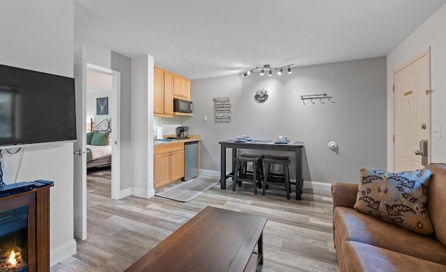 living room with baseboards, a warm lit fireplace, and light wood-style floors