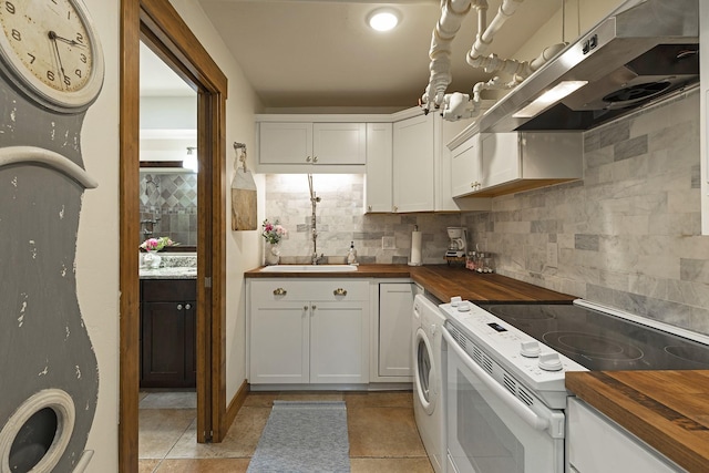 kitchen with white range with electric stovetop, decorative backsplash, wooden counters, and under cabinet range hood