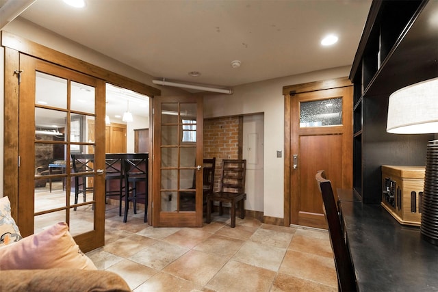 home office featuring recessed lighting, french doors, and baseboards