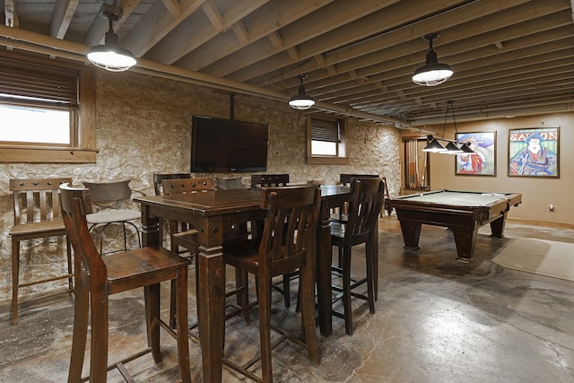 recreation room featuring billiards and concrete floors