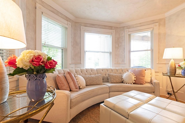 living room with a wealth of natural light and ornamental molding