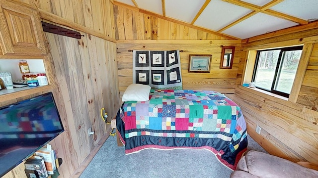 carpeted bedroom with lofted ceiling and wooden walls