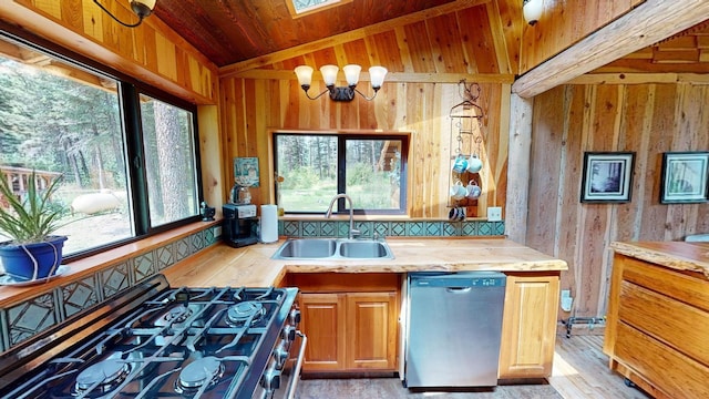 kitchen with lofted ceiling, sink, wood walls, wood ceiling, and appliances with stainless steel finishes