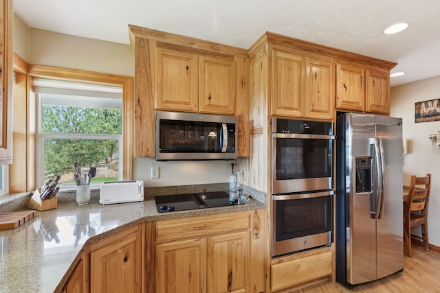 kitchen featuring light wood-type flooring, appliances with stainless steel finishes, and stone countertops