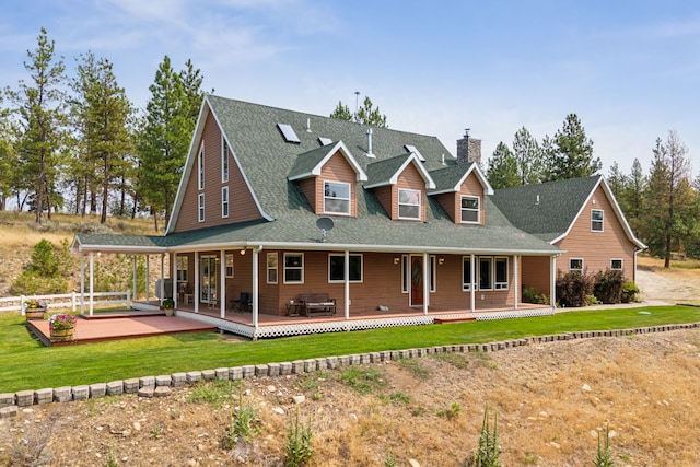 view of front of property with a wooden deck and a front lawn