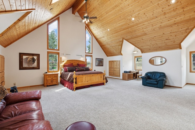 bedroom featuring beam ceiling, high vaulted ceiling, wood ceiling, and carpet floors