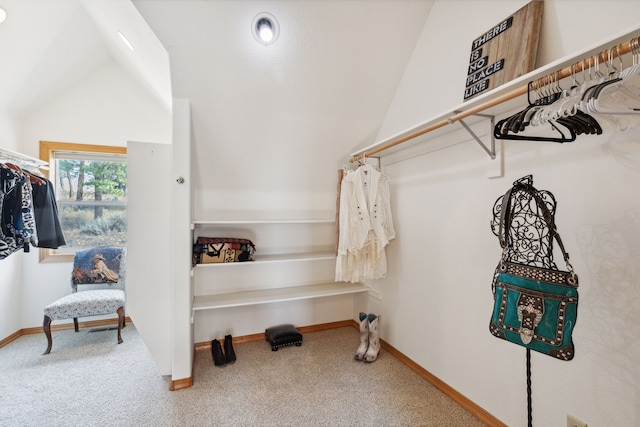 walk in closet featuring carpet and lofted ceiling