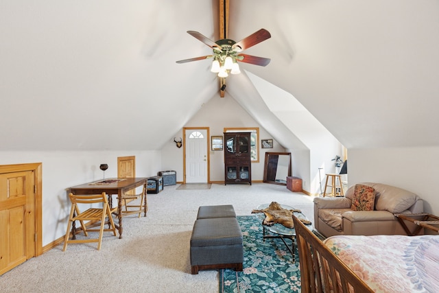 carpeted living room featuring ceiling fan and vaulted ceiling