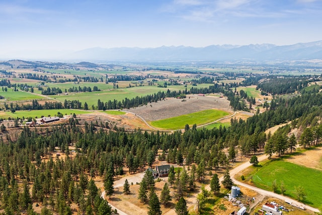 birds eye view of property featuring a mountain view and a rural view