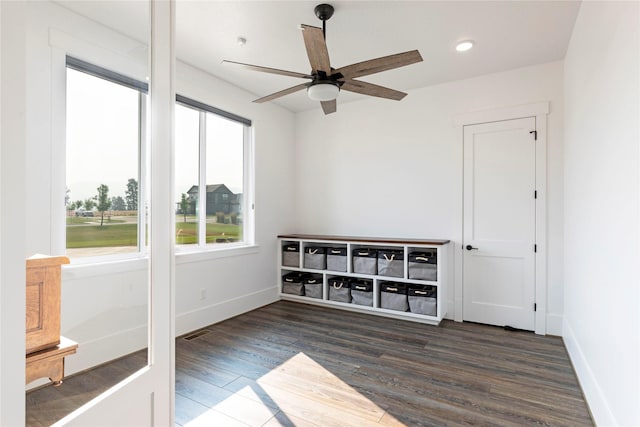 unfurnished room with recessed lighting, a ceiling fan, baseboards, and wood finished floors