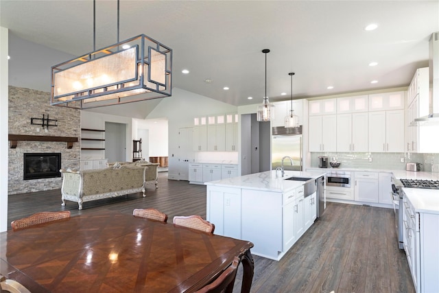 kitchen featuring a center island with sink, a sink, premium appliances, a fireplace, and decorative backsplash