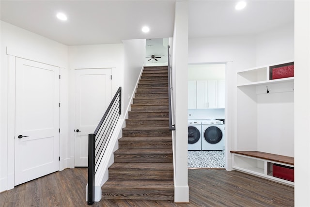 stairs with recessed lighting, washer and dryer, and wood finished floors