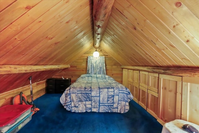 carpeted bedroom with wooden ceiling, wooden walls, and lofted ceiling with beams