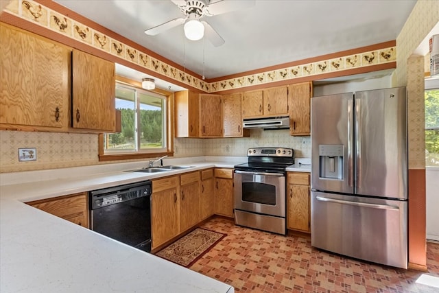 kitchen featuring stainless steel appliances, light tile patterned floors, ventilation hood, ceiling fan, and sink