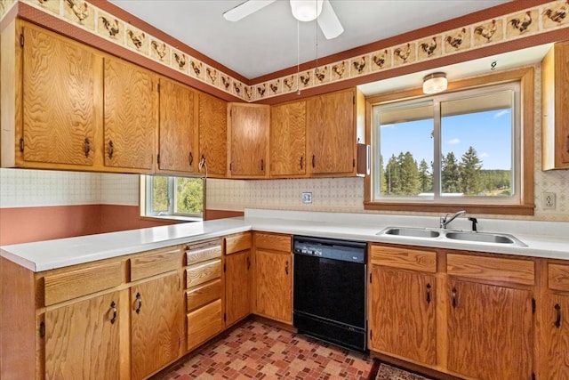 kitchen with ceiling fan, dishwasher, light tile patterned floors, and a healthy amount of sunlight