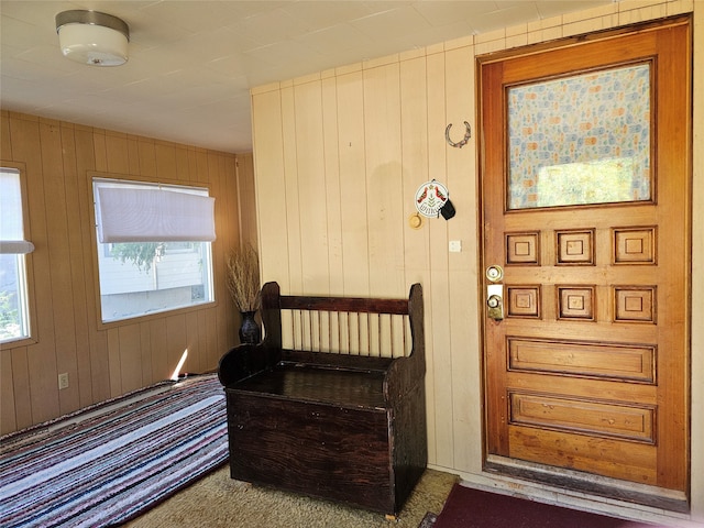 interior space with carpet and wooden walls