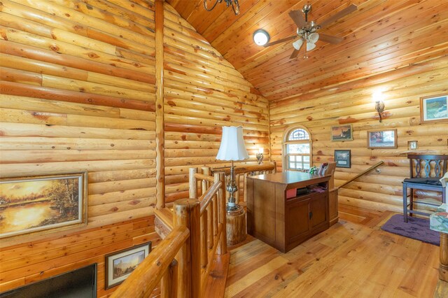 659 US Highway 2 E, Columbia Falls, MT 59912 - office featuring ceiling fan, high vaulted ceiling, wooden ceiling, light wood-style flooring, and log walls