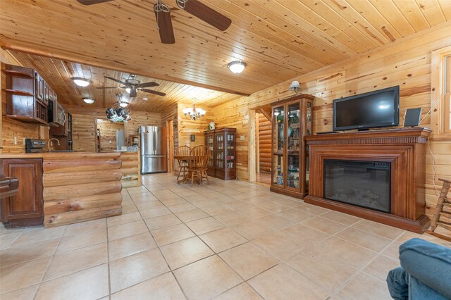 659 US Highway 2 E, Columbia Falls, MT 59912 - kitchen featuring freestanding refrigerator, wooden ceiling, open floor plan, and light tile patterned floors