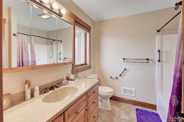 full bathroom with shower / bathtub combination with curtain, toilet, tile patterned floors, and vanity