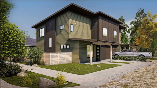 modern home with a front yard and a carport