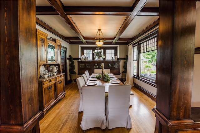 dining room with light wood-type flooring, coffered ceiling, and beam ceiling