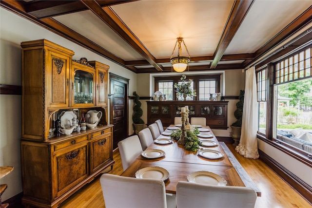 dining space featuring light hardwood / wood-style floors, beamed ceiling, and coffered ceiling