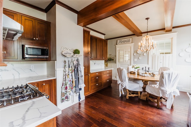 interior space featuring beamed ceiling, an inviting chandelier, and dark hardwood / wood-style flooring