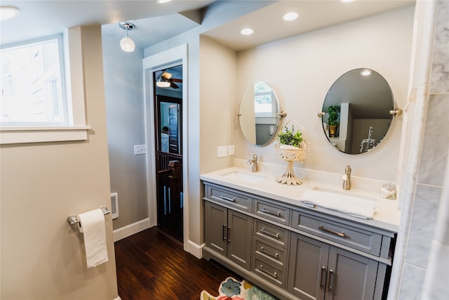 bathroom with vanity and hardwood / wood-style floors