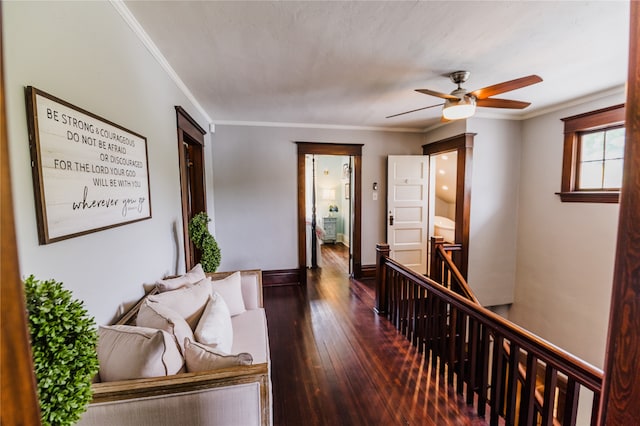 hallway featuring dark hardwood / wood-style floors and ornamental molding