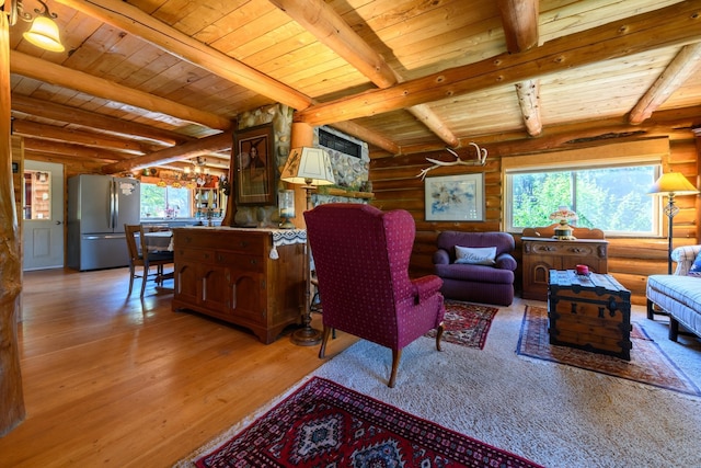 living room with rustic walls, wood ceiling, beam ceiling, and hardwood / wood-style flooring