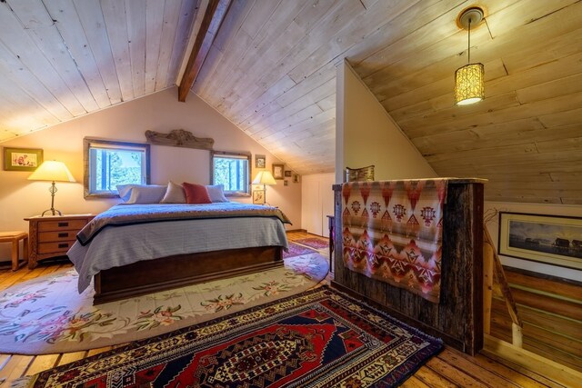 5899 Black Lake Rd, Rexford, MT 59930 - bedroom with hardwood / wood-style floors, lofted ceiling with beams, and wooden ceiling