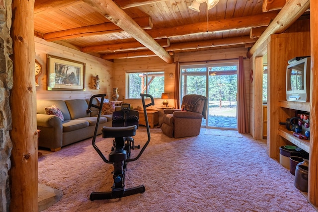 living room featuring carpet floors, wood ceiling, and beamed ceiling