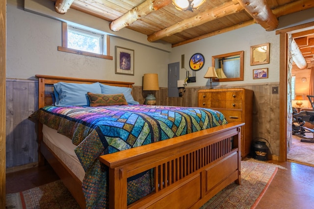 bedroom with beam ceiling, wooden walls, electric panel, and wood ceiling