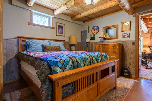 5899 Black Lake Rd, Rexford, MT 59930 - bedroom with a wainscoted wall, beam ceiling, wood ceiling, and wood walls