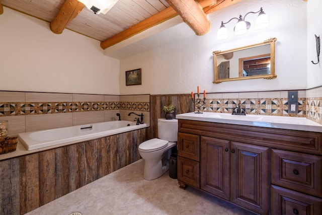 bathroom with toilet, a bathing tub, tasteful backsplash, beam ceiling, and vanity