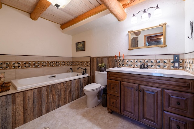 5899 Black Lake Rd, Rexford, MT 59930 - full bathroom with toilet, wooden ceiling, beamed ceiling, a garden tub, and wainscoting