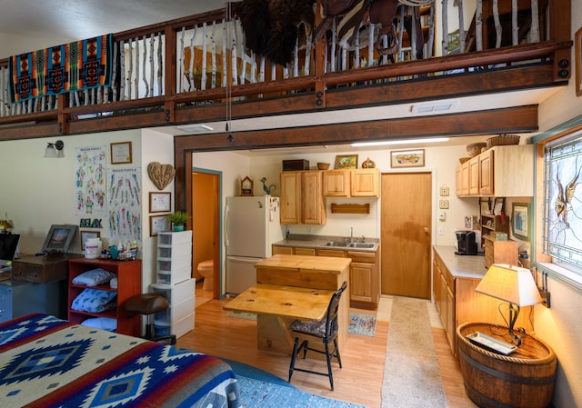 kitchen featuring sink, white fridge, and light hardwood / wood-style floors