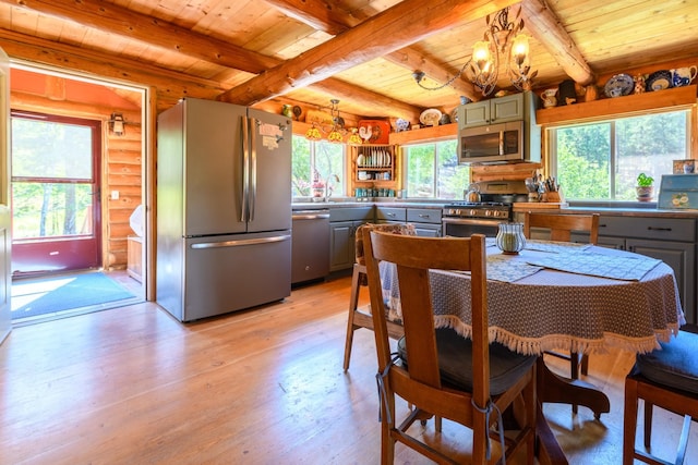 dining room featuring light hardwood / wood-style flooring, beam ceiling, wooden ceiling, a notable chandelier, and log walls