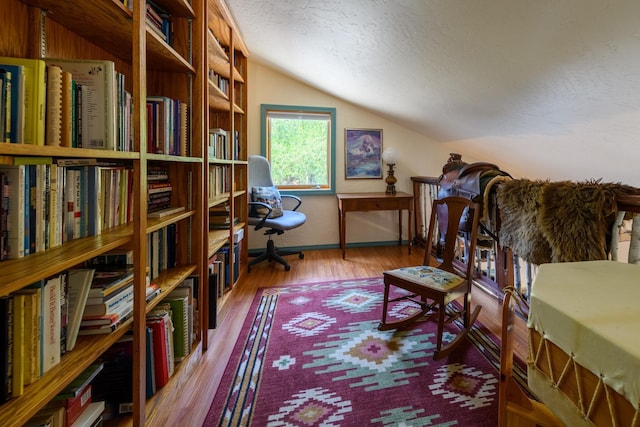 5899 Black Lake Rd, Rexford, MT 59930 - home office featuring baseboards, lofted ceiling, a textured ceiling, and wood finished floors