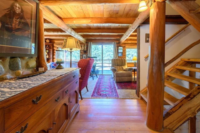 5899 Black Lake Rd, Rexford, MT 59930 - living room featuring stairs, wood ceiling, light wood finished floors, log walls, and beamed ceiling