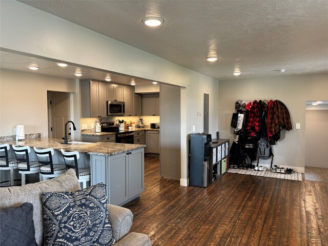 kitchen featuring kitchen peninsula, stainless steel appliances, sink, gray cabinets, and light stone counters