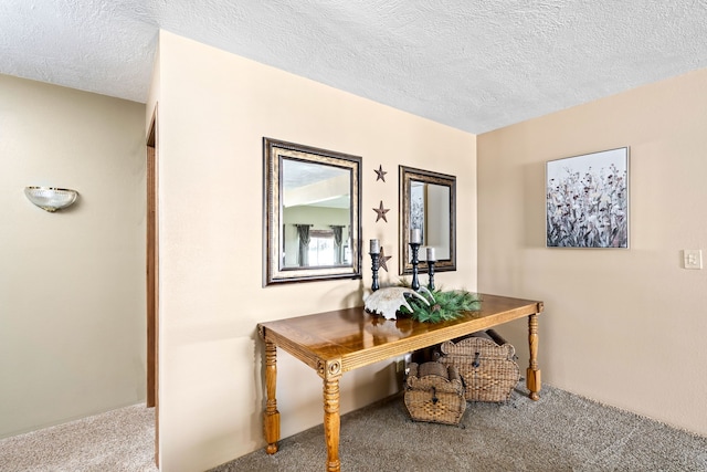 carpeted office space featuring a textured ceiling