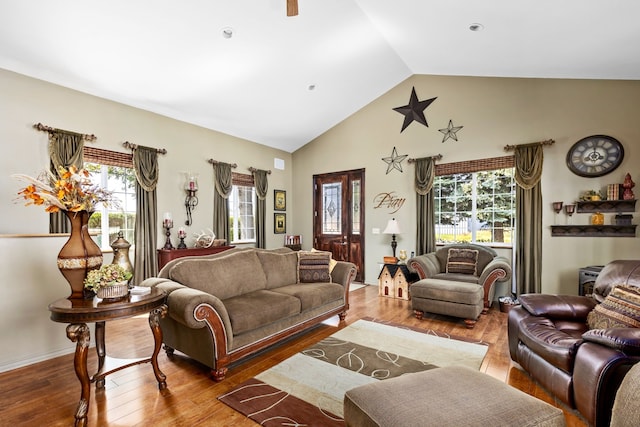 living room with vaulted ceiling and wood-type flooring