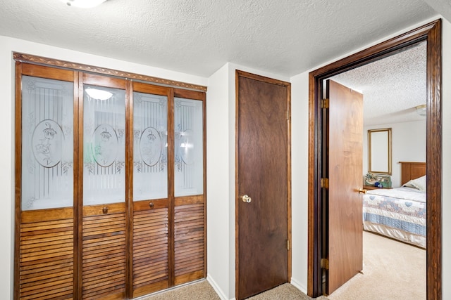 hall featuring light carpet and a textured ceiling