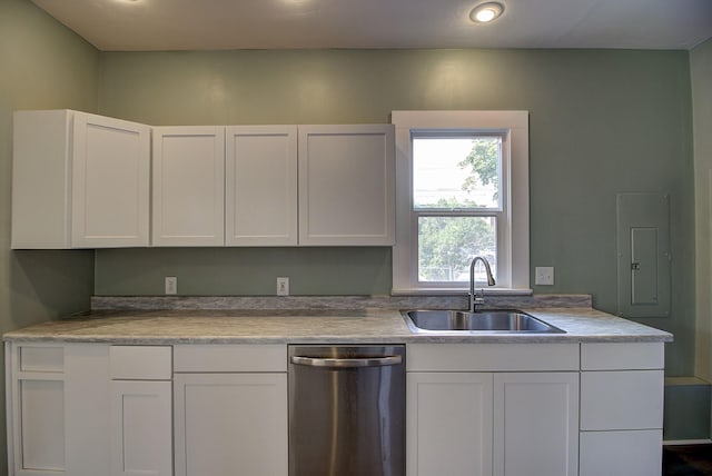 kitchen featuring sink, stainless steel dishwasher, white cabinets, and electric panel