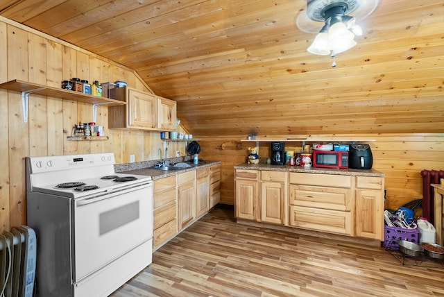 kitchen featuring wooden ceiling, light brown cabinets, electric stove, wooden walls, and vaulted ceiling