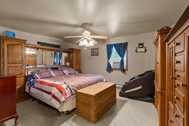 bedroom featuring a baseboard radiator, ceiling fan, cooling unit, and carpet