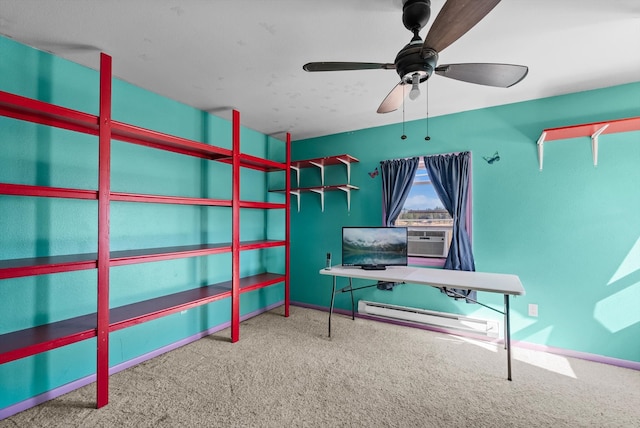 bedroom featuring a baseboard heating unit, ceiling fan, cooling unit, and carpet